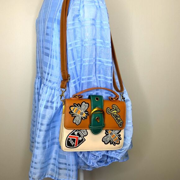 Patch Crossbody Handbag‎ Bee Crest Trendy Retro Adjustable Strap Embroidered - Picture 3 of 16
